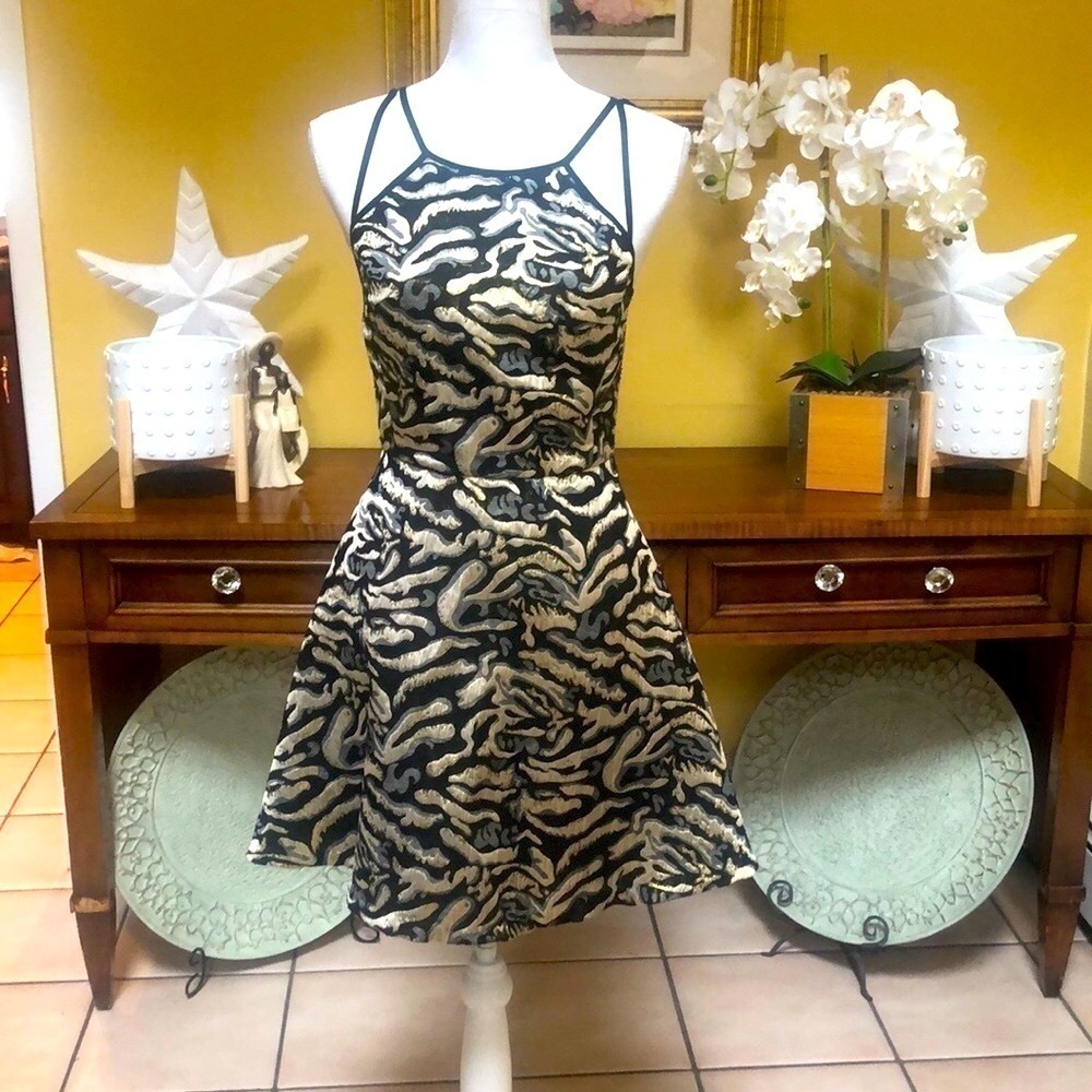 Design Lab (Lord& Taylor) Black/ Gold Animal Print Jacquard Cocktail Dress Sz S